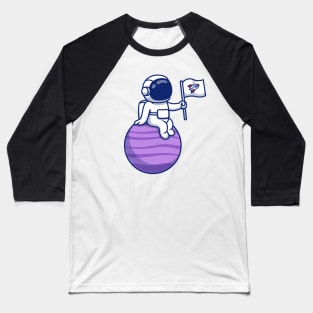 Cute Astronaut Sitting On Planet Holding Flag Baseball T-Shirt